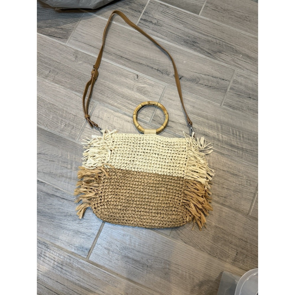 Boho Straw‎ Crossbody Bag Bamboo Handle Fringe Tote Beach Purse Two Tone Chic